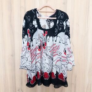 Dressbarn Womens Blouse Size 22/24 3X Black White Abstract Boho Chic Lightweight